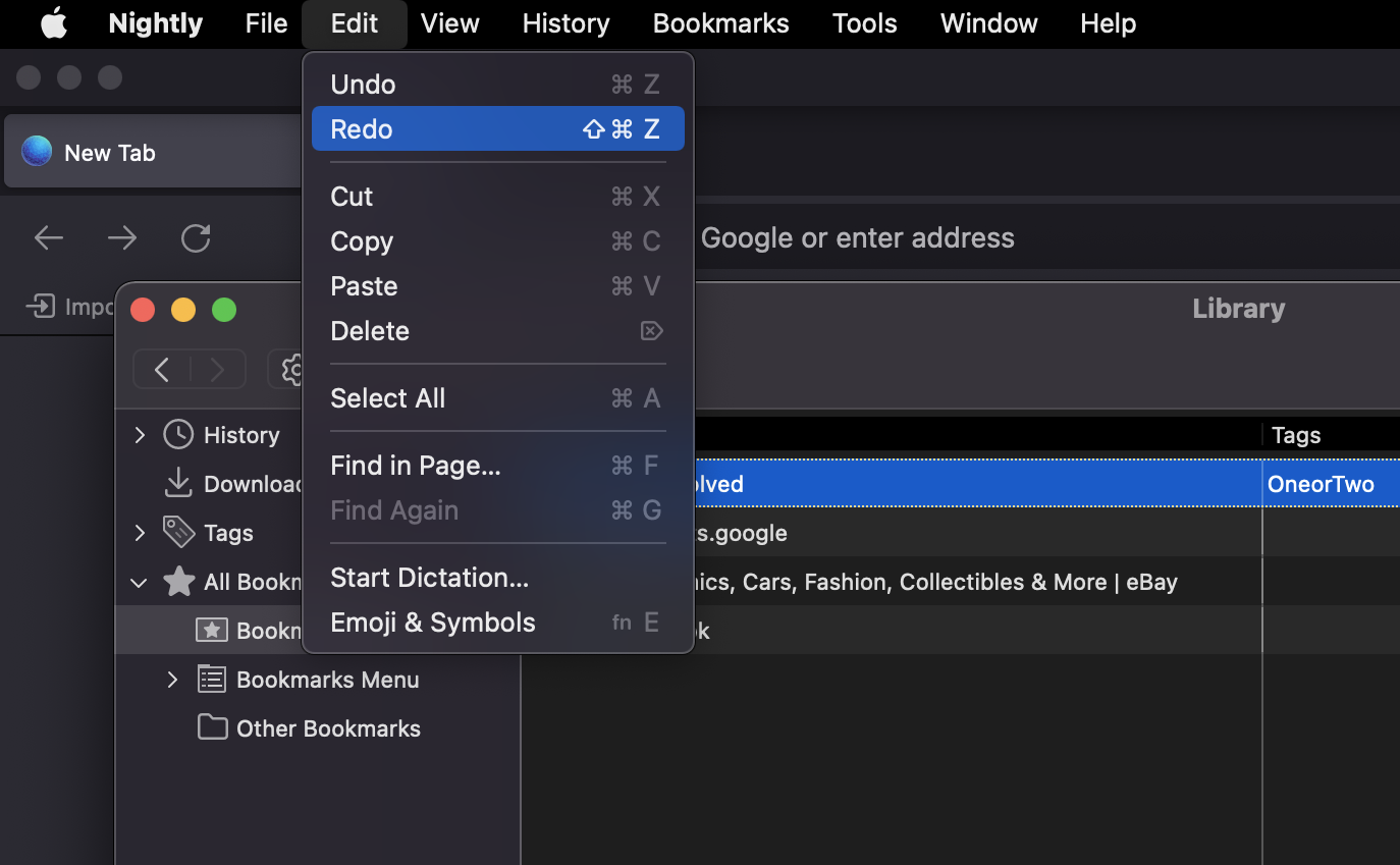 Image of the Undo/Redo options for Bookmark